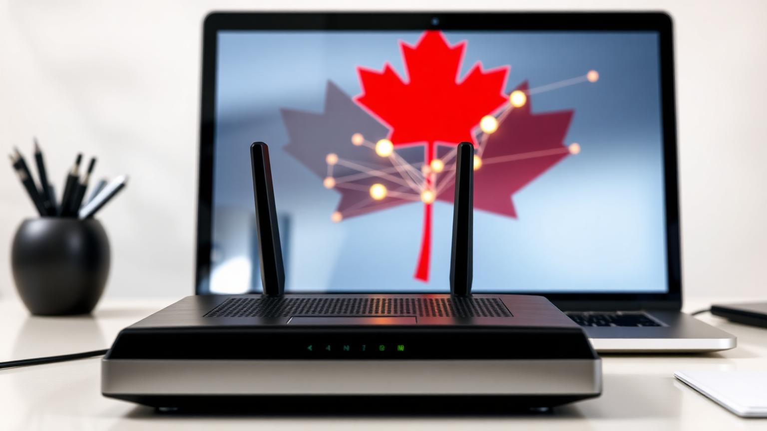 Office router in front of a laptop displaying a Canadian maple leaf and secure network connections